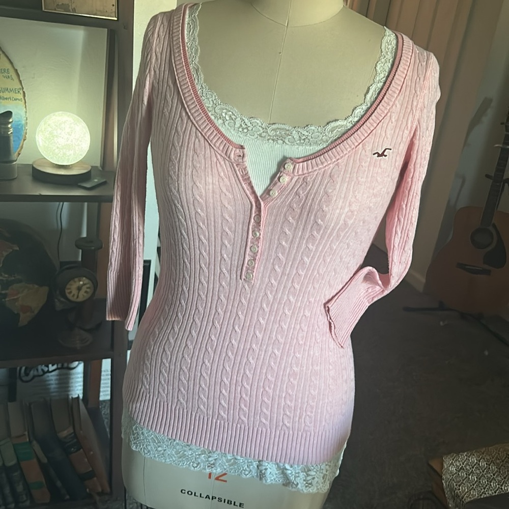 Rare Hollister Y2K vintage pink cable knit 3/4 sleeve Henley top - Picture 3 of 12